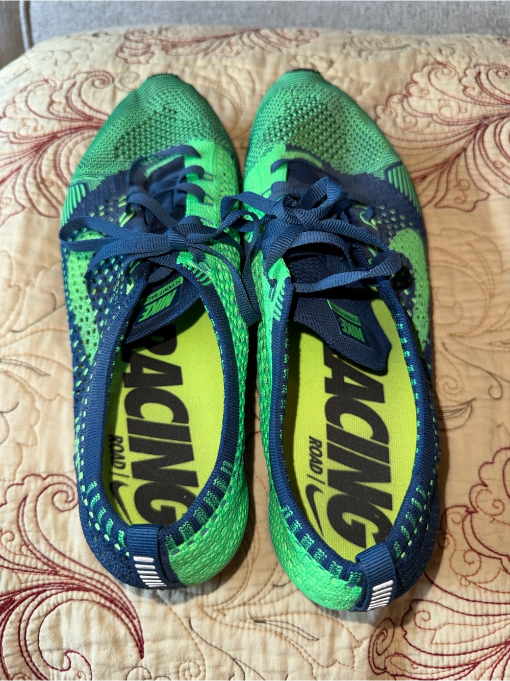 Nike Racing Road Flyknit Lightweight Running Shoes - Neon Green/Navy